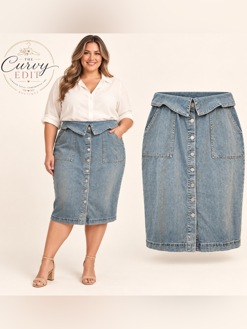 Eloquii Denim Size 20 Button Front Midi Skirt Foldover Waist With Pockets Y2K